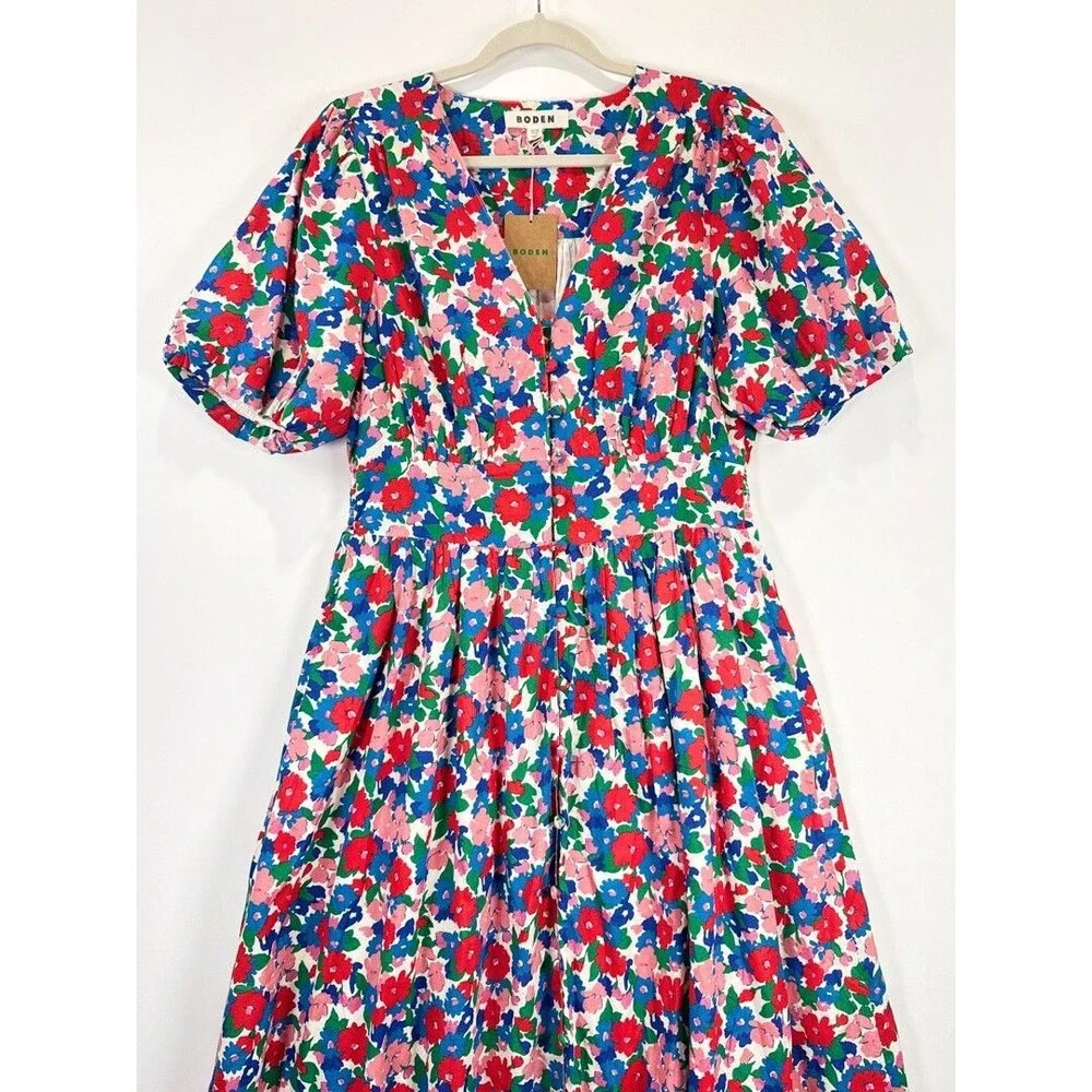 NEW Boden Midi Dress Pink Lillian Cotton Floral V Neck Puff Sleeve Boho US 10